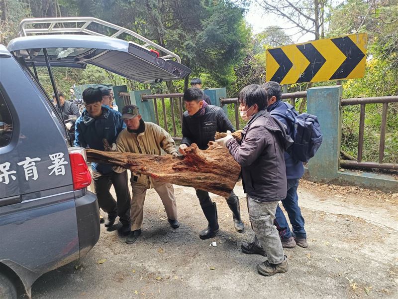 警方循線追查位於苗栗的收贓處，查扣珍貴林木包括肖楠、紅檜及扁柏等木塊。(圖／翻攝畫面)