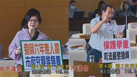 狼教練性侵多名學童，藍營議員賴義鍠稱「台灣現在這麼亂，中央做了什麼？」民進黨議員張芬郁反擊，如果事事是中央的責任，市政府也可以解散，「實在不可理喻！」（組合圖／翻攝自台中市議會YT）