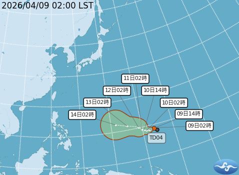 天氣風險預估，熱帶性低氣壓TD04將於24小時內增強為今年第4號颱風辛樂克。（圖／翻攝自中央氣象署）