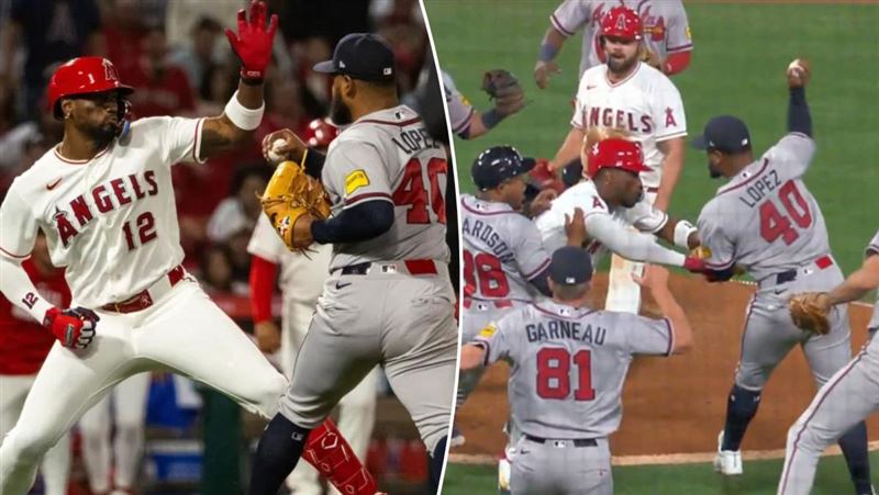 勇士隊投手洛培茲（Reynaldo Lopez）與天使隊指定打擊索萊爾（Jorge Soler）在8日的比賽中互毆。（圖／翻攝自IG @nypostsports）