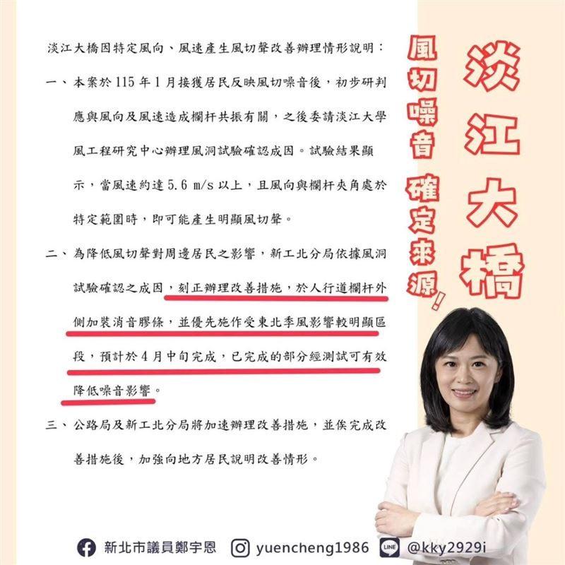 淡江大橋風切聲擾民，蘇巧慧、鄭宇恩促公路局改善。(圖/鄭宇恩辦公室提供)