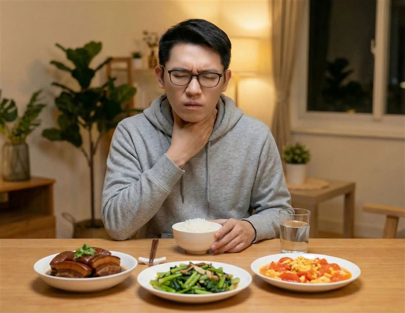 進食時若常噎到，要留意可能是食道性吞嚥困難。AI生成圖。（圖／大千綜合醫院提供）