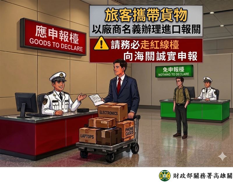 旅客入境若接受公司委託攜帶貨品或是樣品入境，記得申報作業，以免違法受罰。（圖／財政部關務署高雄關）