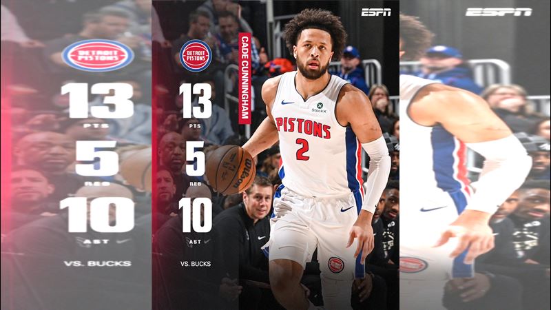 底特律活塞隊控球後衛康寧漢(Cade Cunningham)在因肺塌陷缺陣11場比賽後,9日對密爾瓦基公鹿隊時重返賽場。(圖/翻攝自X平台 @ESPNNBA)