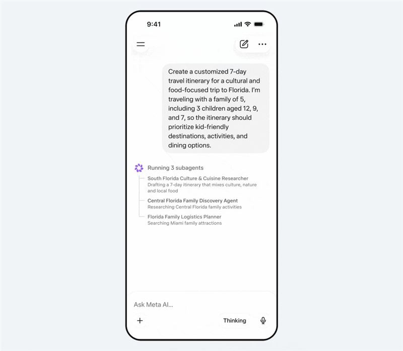 Muse Spark現已應用於Meta AI的App及Meta.AI網頁版中的Meta AI助理，支援進階邏輯推理與多模態任務處理。（圖／Meta提供）