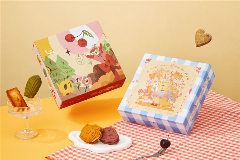 法絨攜手台灣新生代插畫家草棉谷、陳橋，推出兩款春季限定禮盒與水果風味夾心餅乾。（圖／品牌業者提供）