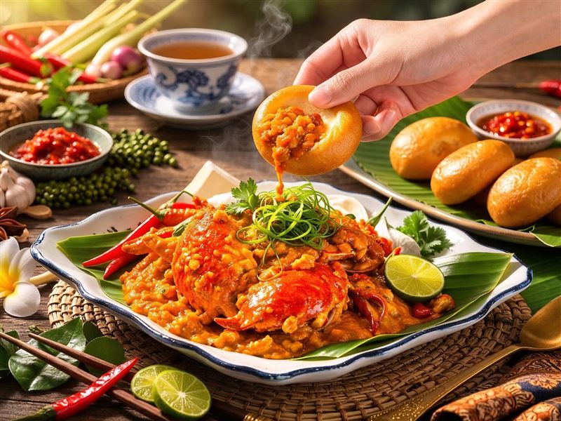 新加坡辣椒蟹」肥美蟹肉與酸辣濃郁的獨門醬汁高溫翻炒，每一口吸吮都是國寶級的霸氣享受。(圖／遠東香格里拉提供）