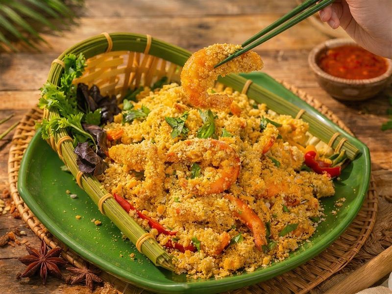 「麥片炒虎蝦」大尾虎蝦與奶油麥片共同翻炒，酥脆感中夾帶淡淡乳香與咖哩葉芬芳，口感驚喜且極具吸引力。(圖／遠東香格里拉提供）