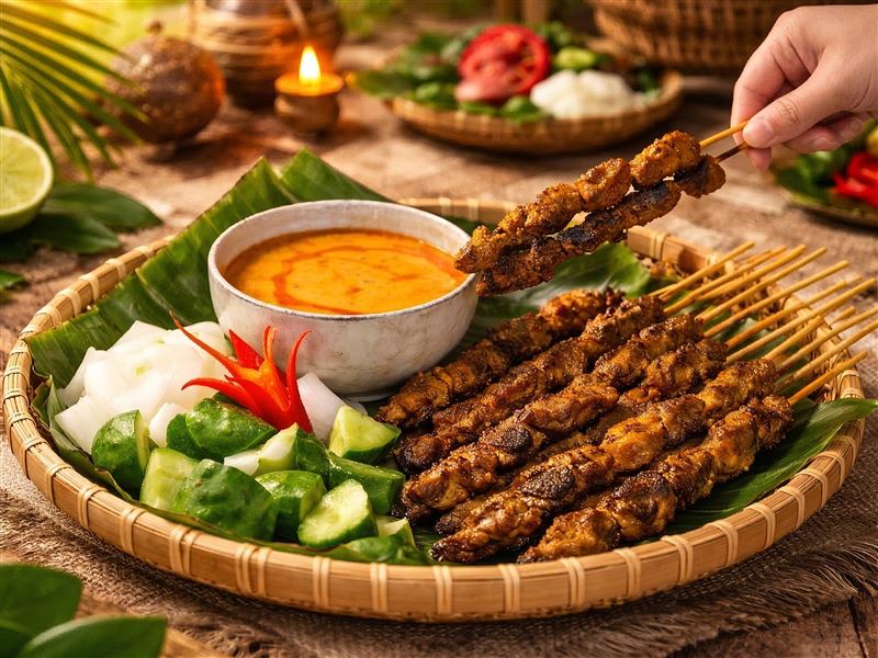 「羊肉沙嗲佐自製花生醬」炭烤至金黃焦香，裹上濃醇自製醬汁，鹹甜交織出道地南洋風味。(圖／遠東香格里拉提供）