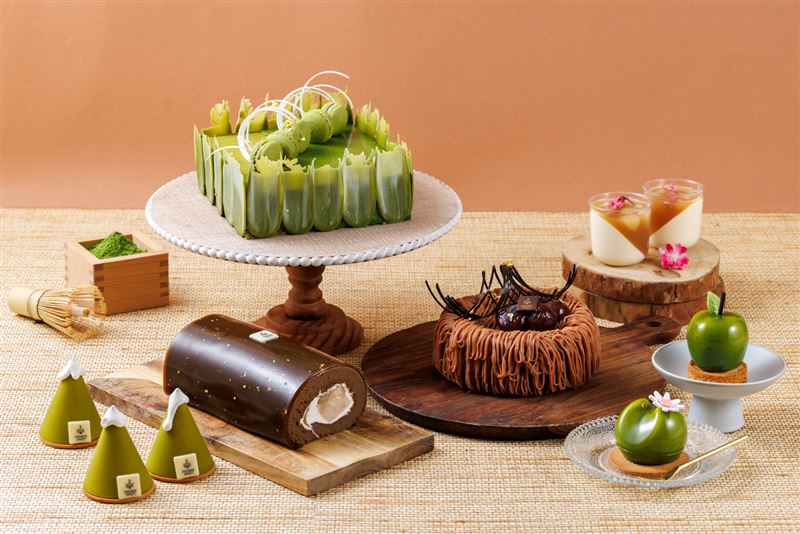 JR東日本大飯店台北「PREMIER SWEET」推出日本茶甜點系列，選用靜岡縣小柳津65號抹茶粉、焙茶與玄米茶展現不同層次風味的「茶系甜點」。(圖／JR東日本大飯店提供)