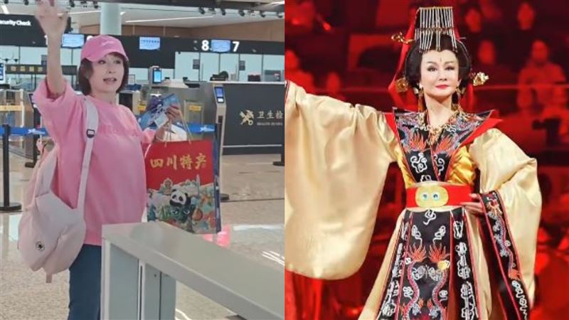 近日,81歲的潘迎紫以粉嫩少女裝現身機場蹦跳飛吻,引起網友熱烈討論。(圖/翻攝自微博)