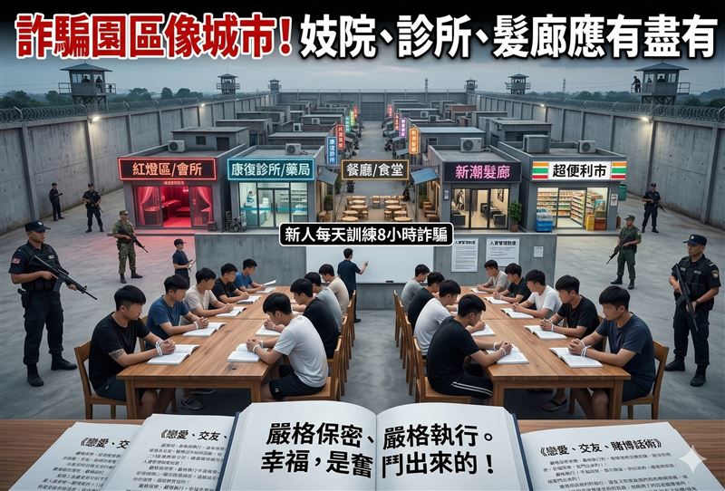 逃不出東南亞詐騙園區，園區妓院、診所應有盡有。新人被逼學戀愛話術騙人，沒達標受被罰被賣。（圖／Gemini製作）