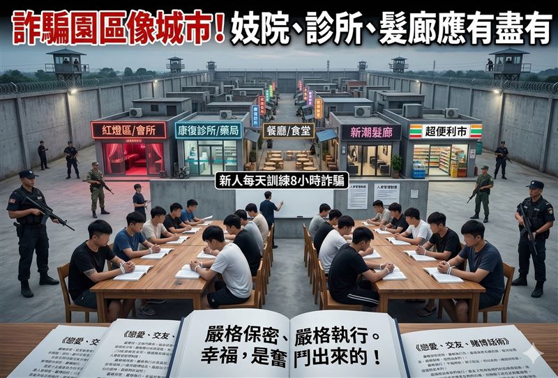 逃不出東南亞詐騙園區，園區妓院、診所應有盡有。新人被逼學戀愛話術騙人，沒達標受被罰被賣。（圖／Gemini製作）