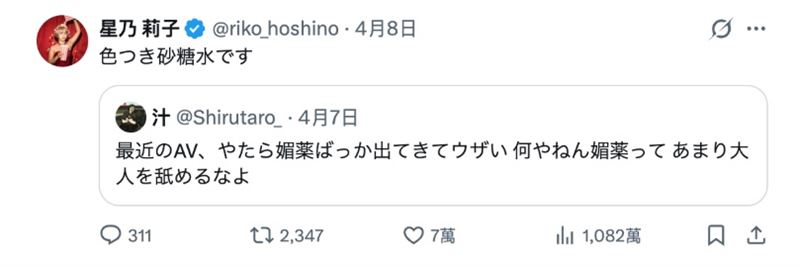 外界好奇片商讓女優在春藥片吃下去的是什麼？對此，女優星乃莉子給答案「就是加了色素的糖水。」（圖／翻攝自星乃莉子Ｘ）