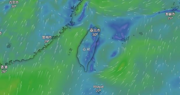 今日上午臺灣周邊水氣少天氣穩定，北部及東北部地區約22至31度。（圖／翻攝自Windy.com）