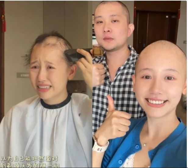 一栗小莎子最新影片中因為化療剃光頭,老公也陪她一起理光頭。(圖/翻攝自抖音)
