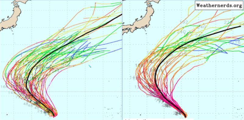 最新(11日20時)歐洲模式(ECMWF)系集模擬顯示、颱風「辛樂克」，其未來將在日本南方海面「大迴轉」(左圖)。最新美國(GEFS)系集模式亦呈現大迴轉的路徑(右圖)，迴轉位置雖存在差異，但皆距臺灣及日本相當遠。（圖／翻攝自洩天機教室／擷自weathernerd）