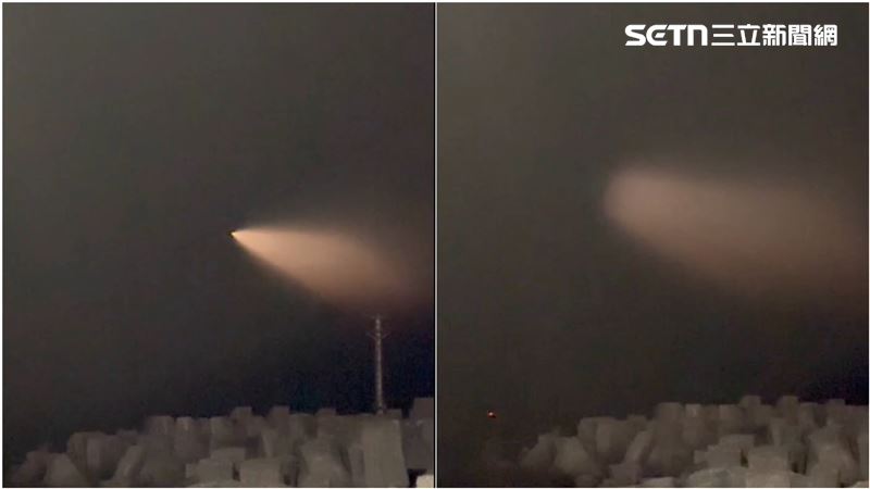 學者分析，11日晚間7時許，中共正在廣東海域使用「捷龍3號」運載火箭發射衛星，推測是火箭所產生的「暮曙光效應」。（圖／翻攝自Threads @v711097）