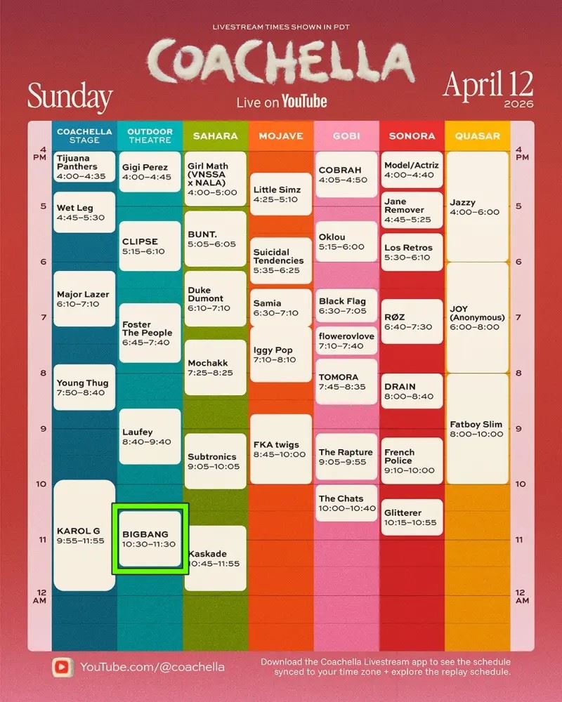 BIGBANG科切拉出場順序為美西時間4月12日(星期日)晚上10點半。(圖/翻攝IG@__youngbae__)