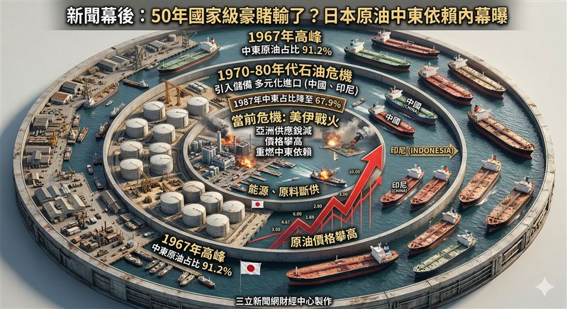 日本深陷能源依賴困局！從1967年中東占比高達91.2%，到石油危機後一度分散來源，如今卻因美伊戰火再度回頭依賴中東，原油價格飆升、供應鏈斷裂風險全面浮現。（圖／AI製圖）