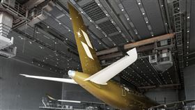 星宇航空與日本當代藝術家空山基聯名的「STARLUXAIRSORAYAMAGOLD」特別塗裝機，近日隨著實體塗裝完成、照片曝光，引發日台網友熱烈討論。（圖／翻攝自X平台 @STARLUX Airlines Japan）