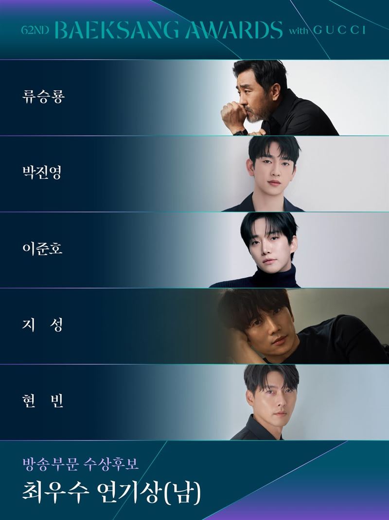 《百想藝術大賞》電視部門「最佳男主角」入圍名單，包括玄彬、李俊昊、朴珍榮、池晟、柳承龍。（圖／翻攝自IG @baeksang.official）