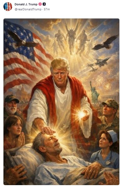 美國總統川普PO出「自比耶穌」的AI合成圖，一秒惹怒基督教選民基本盤，隔天就悄悄將圖片下架。（圖／翻攝自川普社群帳號）