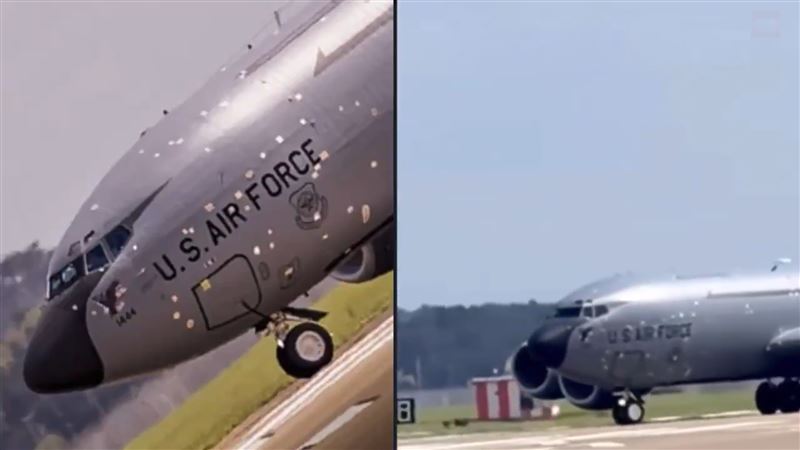 一架機身布滿「彈孔補丁」的美軍KC-135R空中加油機，日前降落英國皇家空軍基地，引發國際軍事圈高度關注。（圖／翻攝自X平台 @Open Source Intel）