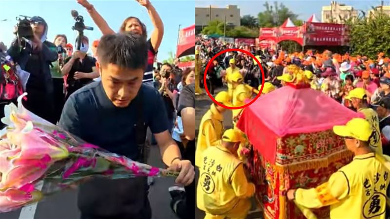 白沙屯媽祖停轎，香燈腳上前獻花，轎班一旁協助幫忙「換花」。（圖／翻攝自白沙屯媽祖網路電視台YouTube）