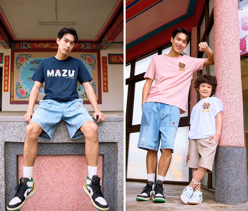 媽祖聖母冠潮流短袖T恤X白沙屯鬆緊帶寬版丹寧短褲穿搭。（圖／EDWIN提供）