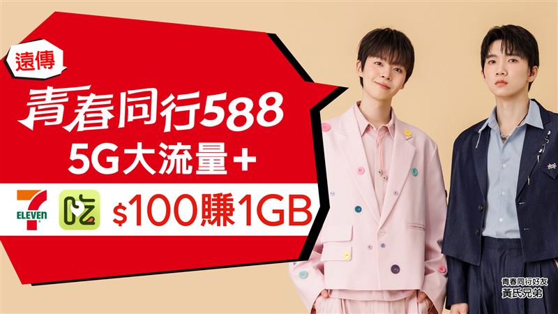 遠傳推出全新「青春同行588」服務,月付588享5G大流量,日常吃喝消費每百元再賺1GB。(圖/遠傳提供)