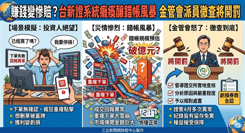 台新與元富合併系統連環出包,爆重複下單釀鉅額錯帳。金管會證實已派員查核,強調下單紀錄皆有留存,反向沖銷虧損將由券商全額承擔,後續並依情節究責開罰,股民免驚。(AI製圖)
