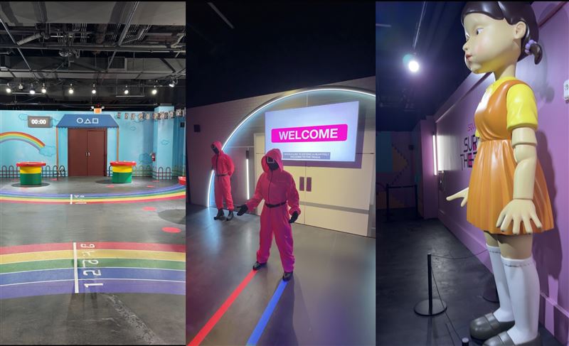 《魷魚遊戲：生存挑戰》除英熙娃娃外，還有真人粉紅守衛迎賓引導並還原場景。（圖／記者蕭翰弦攝影）