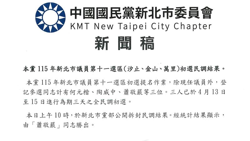 國民黨新北市黨部公布第十ㄧ選區議員初選結果，由蕭敬嚴勝出。（圖／國民黨新北市黨部提供）
