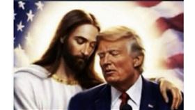 即便扮作耶穌的圖片引爆褻瀆爭議，仍無法阻擋美國總統川普為自己造神的步伐，15日他再接再勵，又PO出了與耶穌同框的合成影像。（圖／翻攝自X平台 @Acosta）