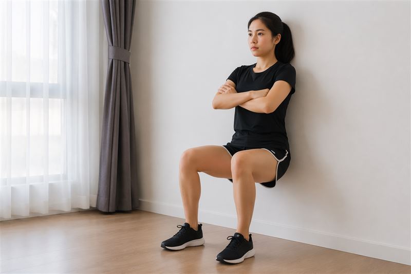 年紀越大越需運動，無毒教母譚敦慈分享，靠牆深蹲搭配閱讀，同時訓練肌力與腦力。（圖／AI製圖）