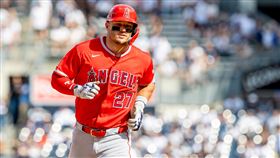 洛杉磯天使隊超級巨星楚奧特（Mike Trout）連續4場開轟，更是在對洋基系列賽的第5支全壘打。（圖／美聯社／達志影像）