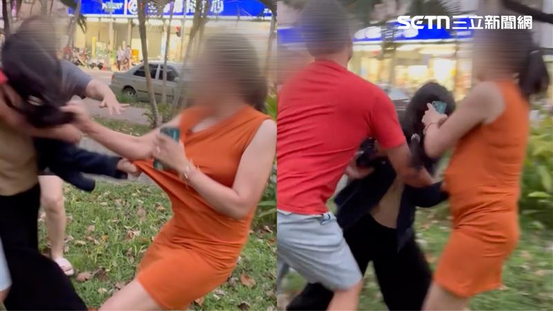 一旁的丈夫（紅衣）起初目睹妻子失控，卻未第一時間制止，直到路人看不下去出聲：「你太太會不會太超過了」，男子才勉強上前拉人。（圖／民眾提供）