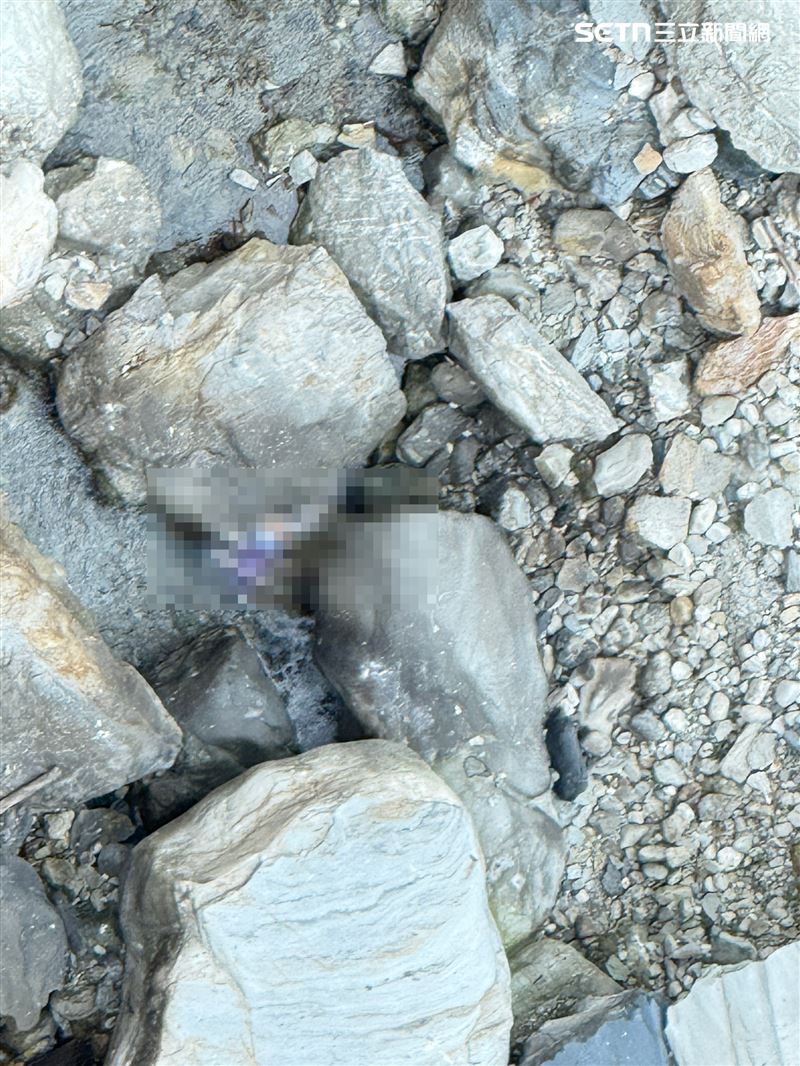 警消在溪床的兩塊巨石間尋獲死者，透過吊掛方式運出遺體。（圖／翻攝畫面）