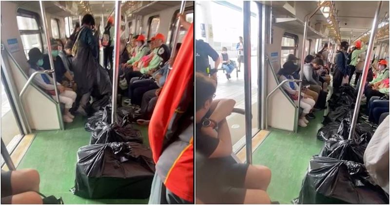 驚人的8大袋黑色塑膠袋行李，不僅佔用其他乘客的空間，更因為搬運導致台鐵列車延誤14分鐘（圖／翻攝自爆料公社）