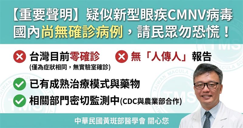 針對新型CMNV病毒，黃斑部醫學會葡萄膜炎學組發布聲明。（圖／翻攝自黃斑部醫學會臉書）