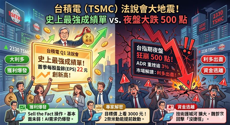 護國神山台積電（2330）最新法說會，繳出「史上最強」成績單，沒想到ADR、台指夜盤竟然全崩！專家揭開內幕，更點出價位關鍵（圖／AI生成圖）