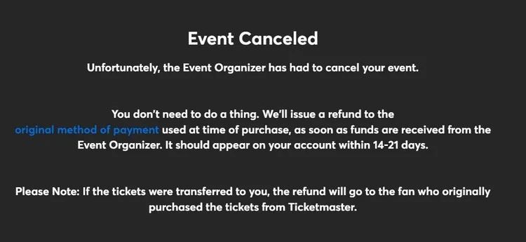 售票網站發布取消公告。（圖／翻攝自Ticketmaster）