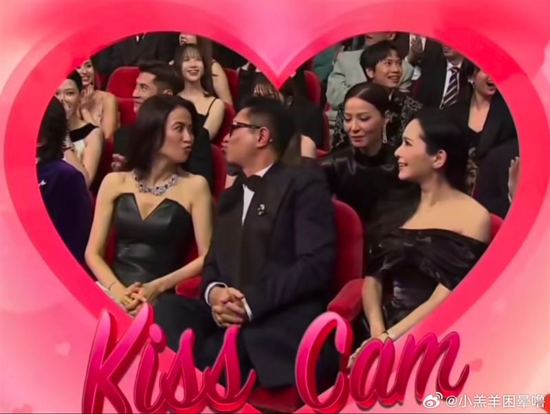 金像獎大玩Kiss Cam（親吻鏡頭），古天樂接連對宣萱、郭羨妮、滕麗名作勢獻吻。（圖／翻攝自微博）