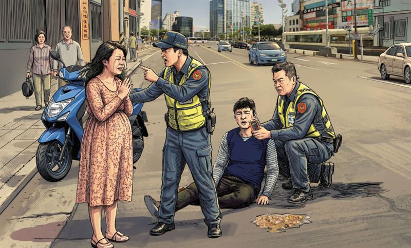 杜姓騎士意識不清，無法配合酒測，孕妻希望將丈夫送醫，遭員警拒絕。（AI繪圖FREEPIK生成，本刊美術組後製）