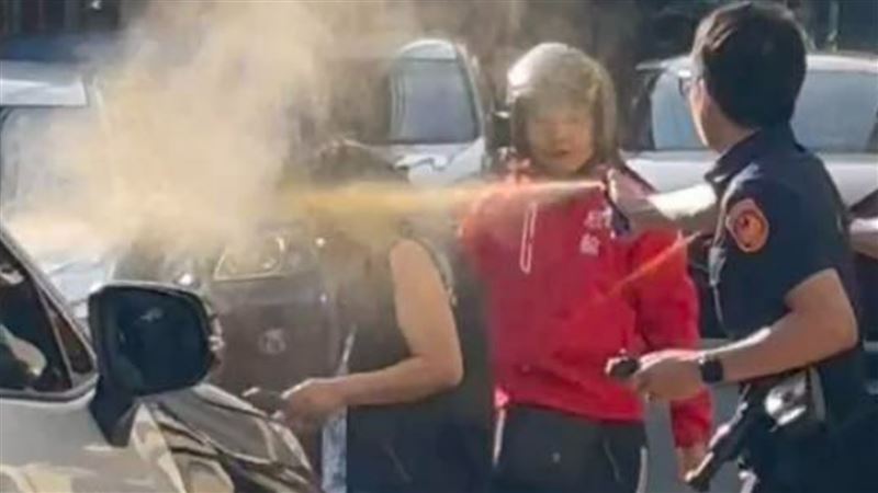 婦人被警方噴辣椒水後逮捕。（圖／翻攝自臉書我是板橋人）