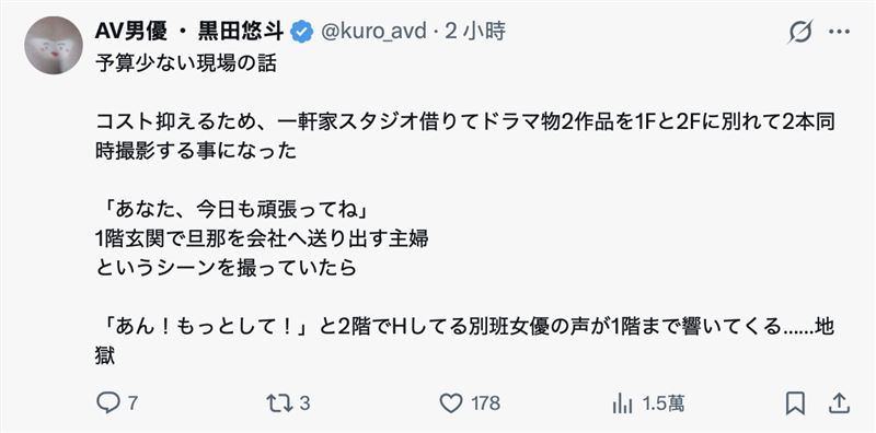 男優黒田悠斗指出，片商為了節省成本，會租借那種獨棟透天厝的攝影棚同時開拍兩支作品，「這是地獄啊！」（圖／翻攝自黒田悠斗X）