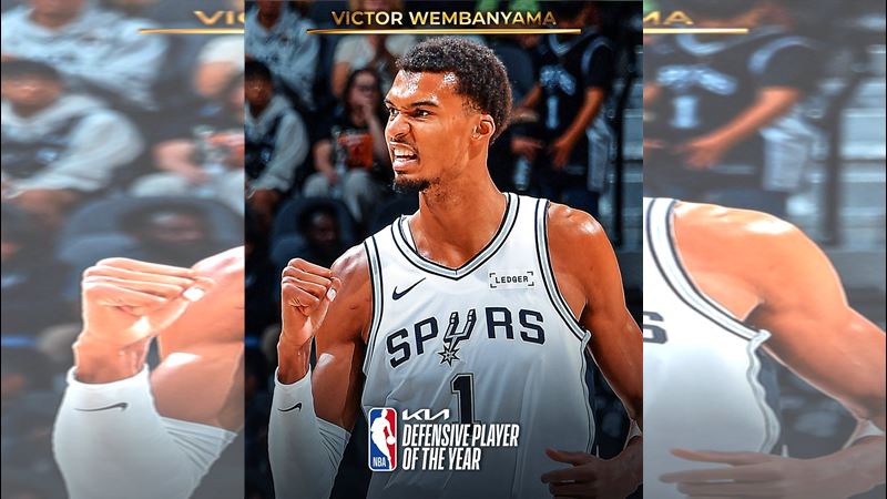 聖安東尼奧馬刺隊的法籍球星溫班亞馬（Victor Wembanyama）榮獲 2025-26 賽季年度最佳防守球員（DPOY）。（圖／翻攝自X平台 @NBA）