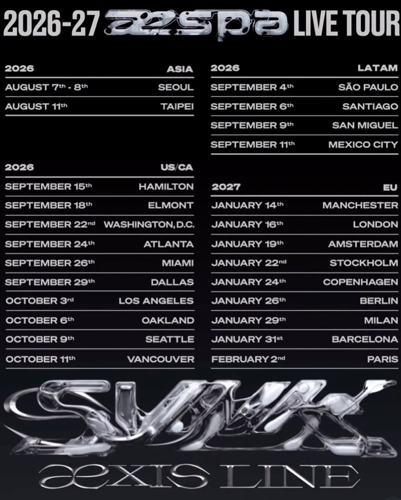 aespa公布世界巡演所有行程一直延續至2027年。（圖／翻攝自IG @aespa_official）