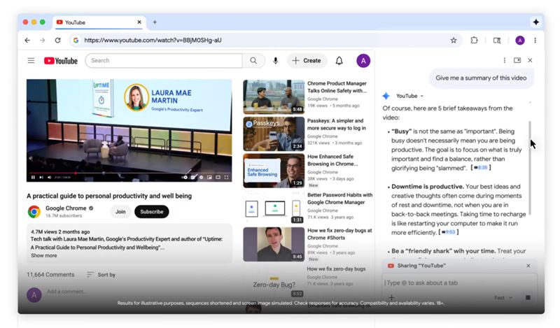 只要在瀏覽器中連結常用的Google工具，像是Gmail、Google地圖、日曆或YouTube，Chrome就能在找到資訊的當下，協助你執行後續動作。（圖／Google提供）